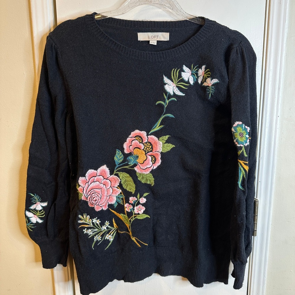 LOFT Black Floral Embroidered Crew Neck Cotton Wool Blend Sweater Womens Medium